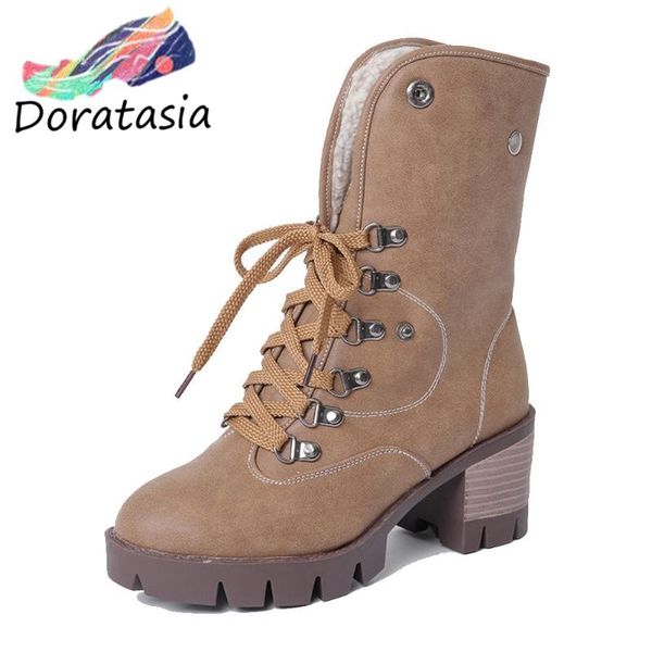 

doratasia brand girl solid winter boots lace up high heels metal boots women 2020 leisure fashion design platform shoes woman, Black