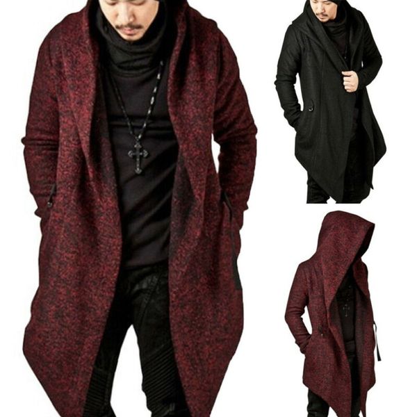 

men casual hooded trench autumn winter clothes long sleeve knitted cardigan slim trench solid coat overcoat streetwear male coat, Tan;black