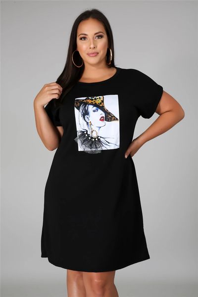 

plus size women dresses fashion cartoon pattern natural color dress casual short sleeve pencil dresses womens clothing, White;black