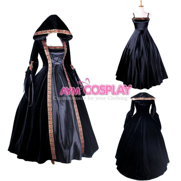 

dark costume in middle ages satin-velvet robe dress long dress, Black;red