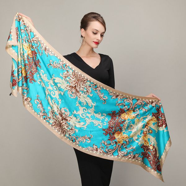 

cachecois women blue silk scarf bronzing printing autumn and winter ladies pure silk long scarf foulard all-match blue, White
