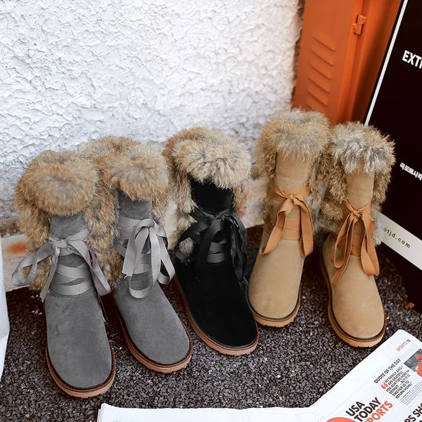 

nubuck leather lace-up snow boots ladies mid-tube boots 2020 autumn and winter new round head fur plus size female, Black
