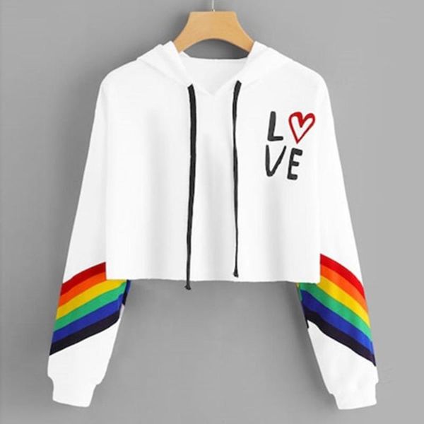 

women hoodies long sleeve rainbow print spring autumn sweet chic crop, Black