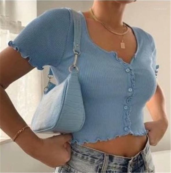 

slim tees solid color ruffle with buttons summer short tshirts women casual v-neck short sleeved, White