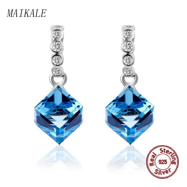

stud maikale 925 sterling silver earrings blue square austrian crystal for women fine jewelry gifts, Golden;silver