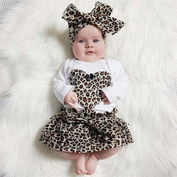 

coffee color clearance lovely 3pcs infant baby girl heart romper +leopard skirt headband outfits set suit drop shipped st28, White
