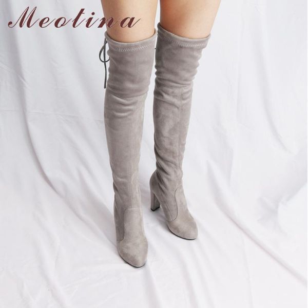 

meotina women shoes winter high heels over the knee boots lace up flock 2020 autumn shoes black stiletto long boots size 42