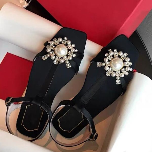 

women shoes 2020 floral pearl rhinestone sandals peep toe buckle strap flat sandals women summer beach shoes gladiator, Black