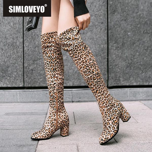 

simloveyo faux suede over the knee boots slim loepard round toe square block mid heels flock pull on thigh high bota b876, Black