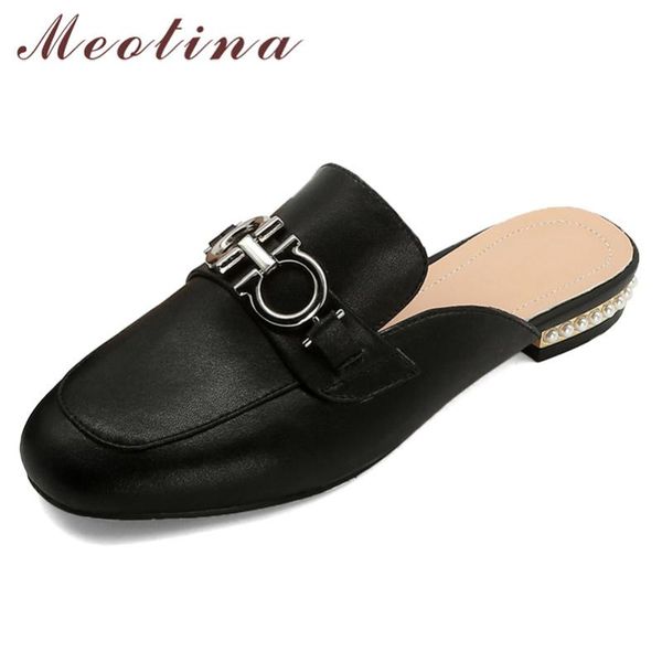 

meotina spring flats women shoes metal decoration flat mules shoes fashion pearl round toe ladies footwear plus size 34-43, Black