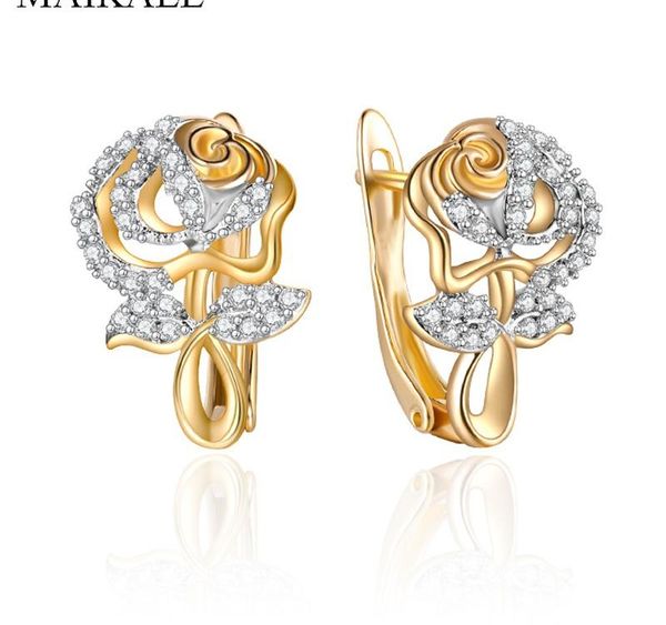 

maikale rose flower cubic zirconia stud earrings gold color shiny cz crystal earrings for women fine jewelry wedding party002, Golden;silver