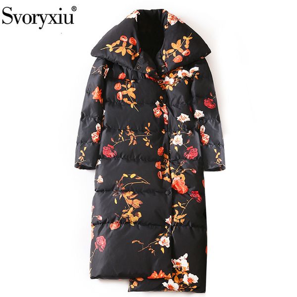 

svoryxiu fashion designer winter white duck down down jacket coat women flower print asymmetry luxury warm down jacket overcoat, Black;white