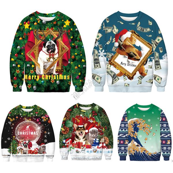 

christmas hoodies cartoon santa claus dogs printed sweatshirts long sleeve pullover blouse xmas autumn winter sweater d9303, White