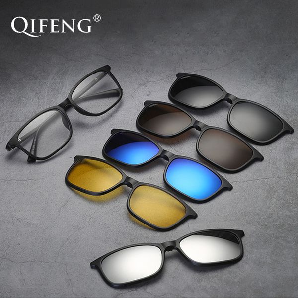 

qifeng optical spectacle frame men women spring hinge tr90 with 5 clip on sunglasses polarized magnetic glasses eyeglasses qf124, Black