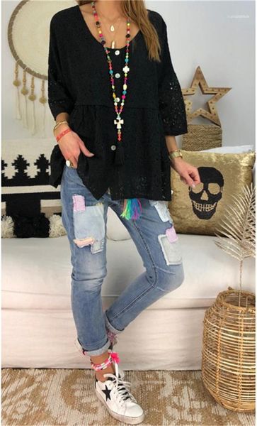 

autumn loose long sleeved tees womens clothing women summer lace tshirts solid color o-neck casual, White