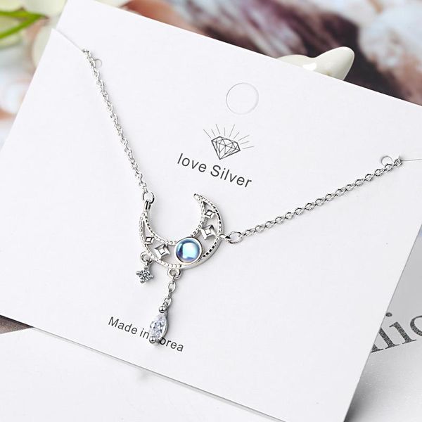

925 sterling silver colorful moonstone clavicle chain necklace silver moon zircon tassel necklace jewelry for women s-n508