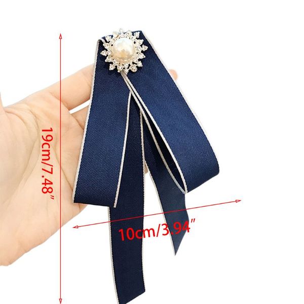 

2020 women long ribbon bow tie faux pearl rhinestone flower brooch pin shirt necklace, Blue;purple