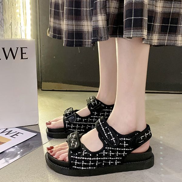

women flat sandals chunky designers fashion plaid hook loop ladies shoes woman brand platform casual shoes leather sandal black