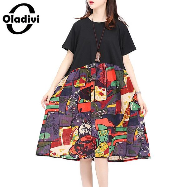 

oladivi big size women cotton linen printed summer dress 2020 ladies casual loose bohemian short beach dresses female vestidios, Black;gray