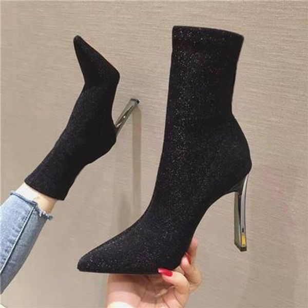 

2020 autumn new fashion sequined mid-tube stretch boots high heel pointed toe all-match boots women, Black