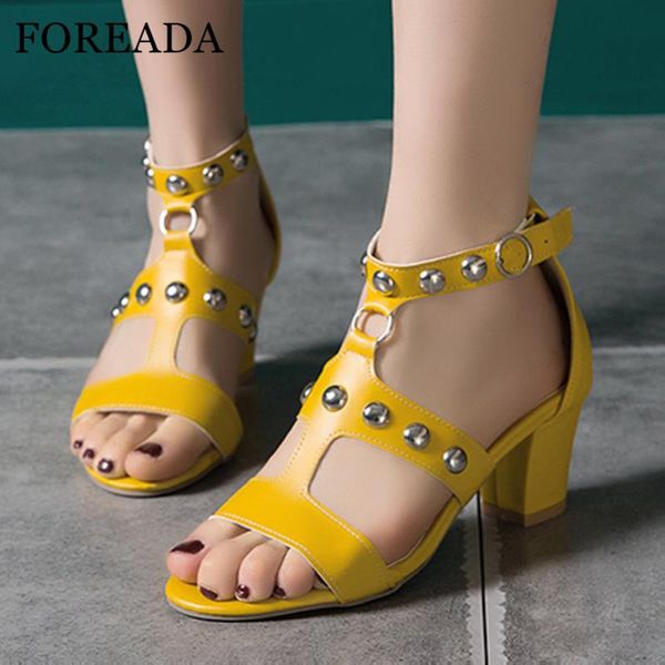 

foreada women ankle strap sandals rivet high heels rome thick heel shoes buckle strap ladies sandals summer yellow black size 43