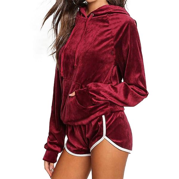 

women's tracksuits two piece set 2021 hoodie velvet long sleeve lace up drawstring shorts ladies streetwear tracksuit outfits, Gray