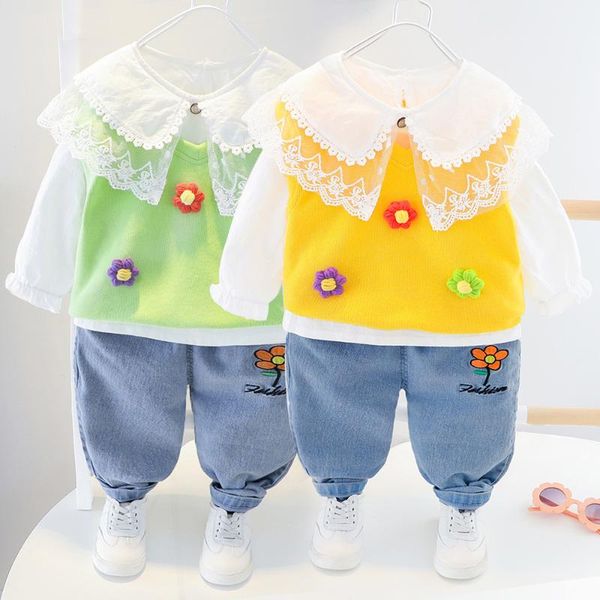 

baby girl clothes autumn lace blouse children's three-piece knitted flower vest cute suit jeans girls 0-4 years old fashion suit, White