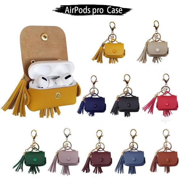

cgjxszzyd tassels leather for airpods pro protector case airpods3 metal button leather cover earbuds bags anti -lost set with hook