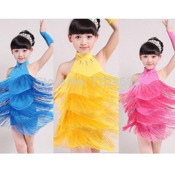 Neue Ankunft 110 cm-170 cm Kinder Kinder Mädchen Ballsaal Latin Salsa Kleider Pailletten Fringe Latin Dance Kleid Für mädchen245x