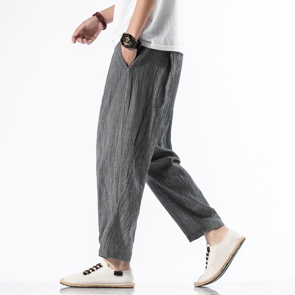 

китайский стиль белье брюки мужские летом тонкий случайные брюки хлопок белье гарема свободно пят сплошной цвет мужской, Blue