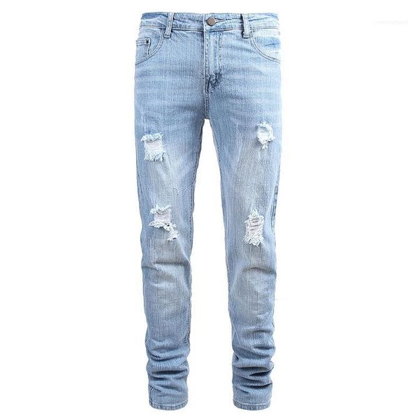 

button straight new designer homme clothing casual apparel mens fashion style jeans light blue hole summere