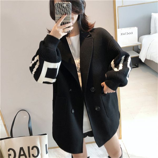 

patchwork winter coats jackets women 2020 long wool and sweater coat warm korean elegant vintage overcoat female black jacket