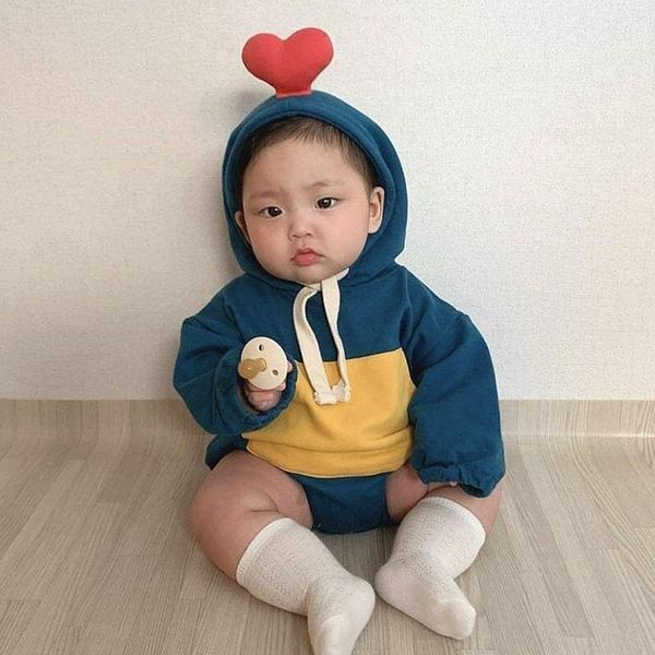 

5229 сердце детские bodysuit осень мода мальчики с капюшоном one piece одежда лоскутная дети новорожденные детская одежда экипировка, Blue