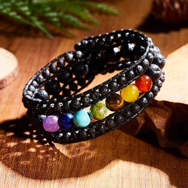 

handmade colorful seven chakras natural stone beads vintage multi layer braid wrap rope chain bracelet for women boho jewelry, Golden;silver
