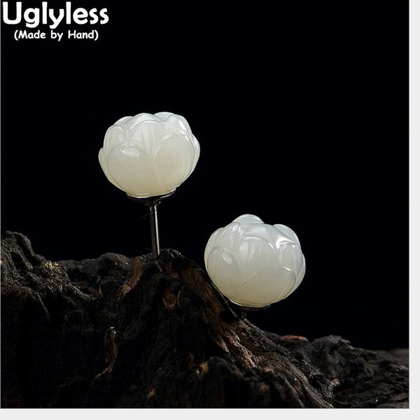 

uglyless real 925 sterling silver nature hetian jade flower stud earrings elegant women lotus fine jewelry ethnic brincos bijoux, Golden;silver
