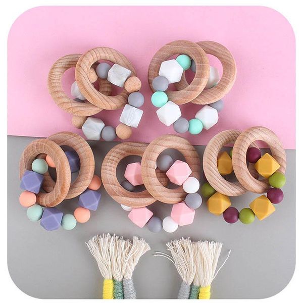 

ins baby silicone teething beads natural wooden ring teethers health care accessories infant fingers exercise toys beaded soother