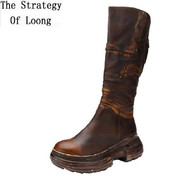 

2020 spring autumn winter retro women genuine leather sewing totem long boots lady rivet platform zipper knee-high boots 191005, Black