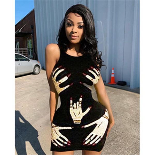 

finger print dress for women sleeveness crew neck fashion trend women dress style designer female club dress, Black;gray