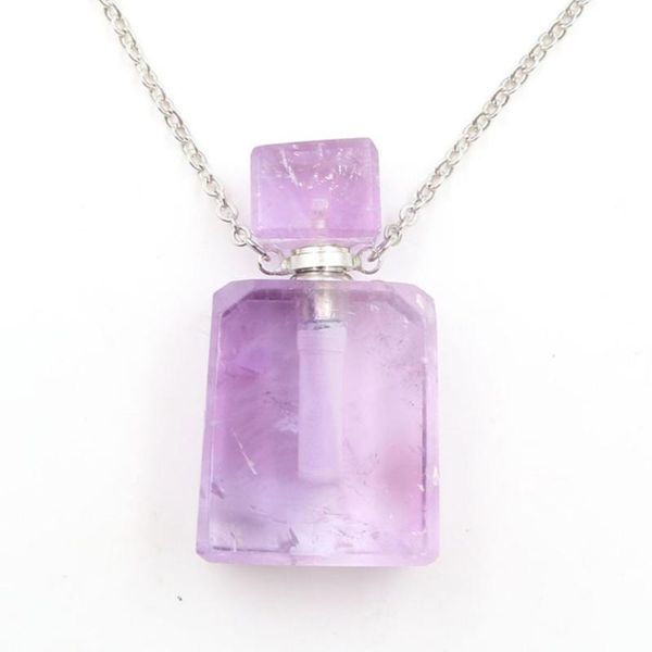 

fyjs unique silver plated amethysts stone perfume bottle pendant black obsidian necklace rectangle jewelry
