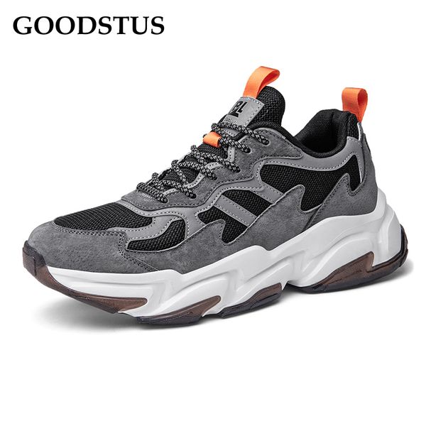 

goodstus men mesh breathable sneaker ins style comfortable height increase lace-up male street walking clunky shoes, Black