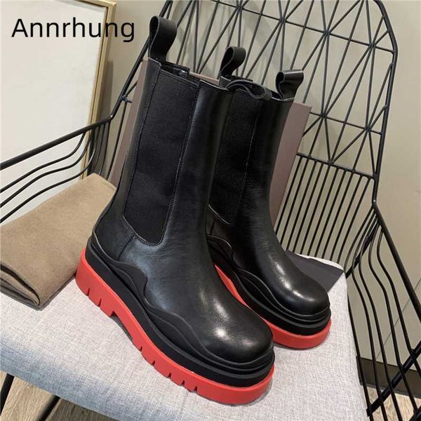 

new autumn winter mid-calf boots woman round toe elastic band thick heel slip-on runway botas real leather women boots, Black