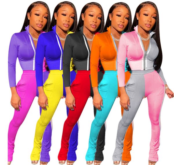 

осень женская два куска одежды набор лоскутной tracksuit zipper куртка пальто рубашка задыхается обмундирование sweatsuit bodysuit плюс разм, White