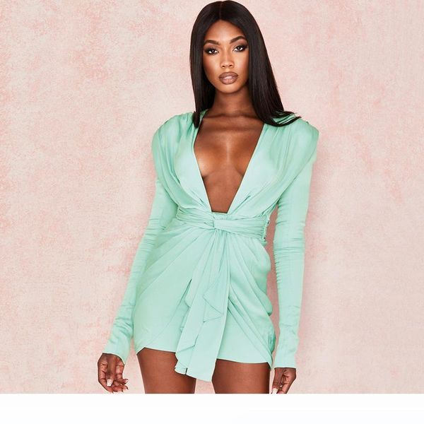 

joyfunear mini blue elegant dress women wrap party club dresses bandage deep v neck zipper autumn bodycon dress 2020, Black;gray