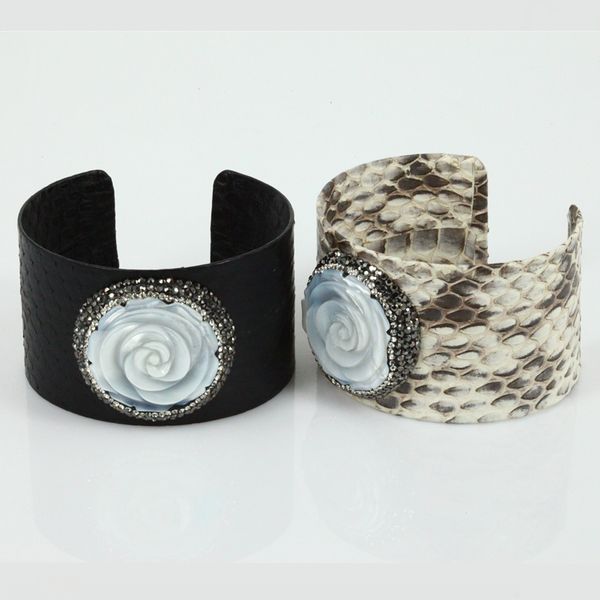 

trendy luxury black grey leather pave rose flower stone charms rhinestone adjustable big open bracelet for women