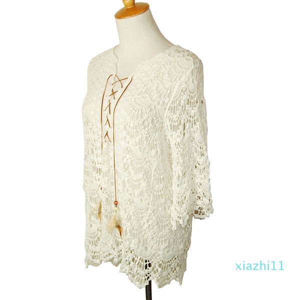 

elegant white lace blouse tunic shirt women 3/4 sleeve vintage girls blouse 2019 v neck renda blusa
