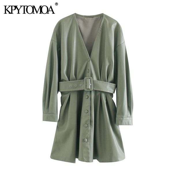 

kpytomoa women 2020 chic fashion pu faux leather with belt mini dress vintage v neck long sleeve female dresses vestidos mujer c200919, Black;pink