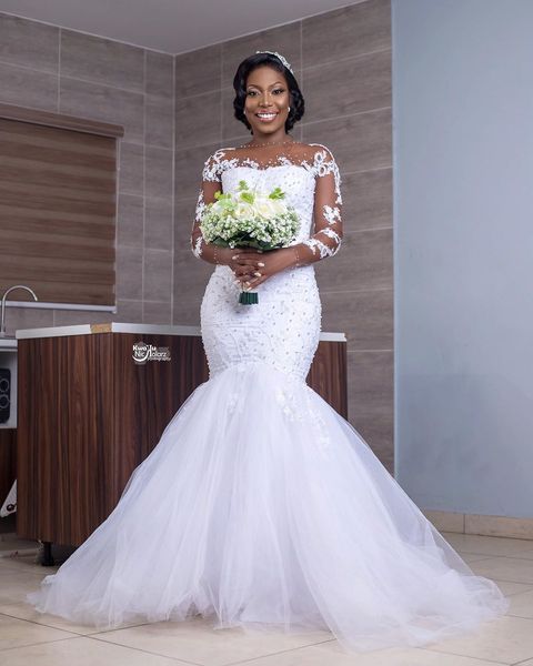 

plus size arabic aso ebi beaded lace mermaid wedding dresses sheer neck bridal dresses long sleeves wedding gowns zj924175i, White