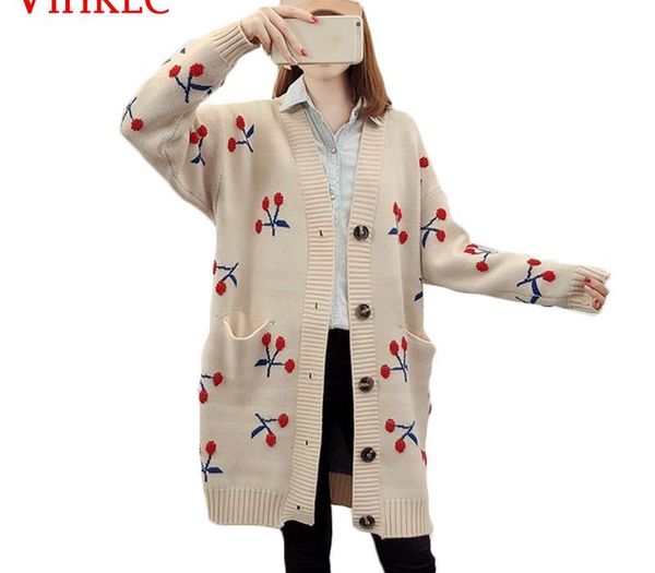 

autumn winter women sweater 2018 new chic korean version loose embroidery long cardigan pocket coat tide leisure x191, White;black