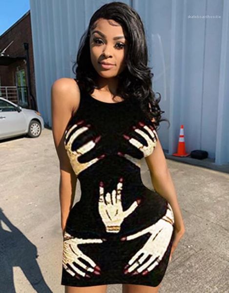 

women sleeveness crew neck women dress style female club dress women designer finger print dress for, Black;gray