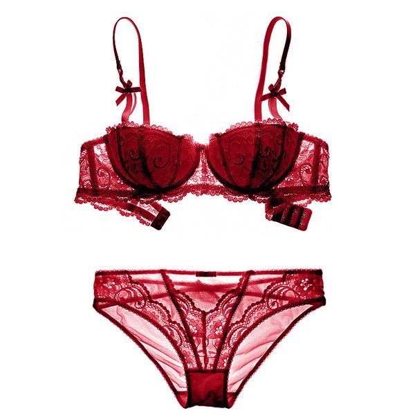 

bras sets varsbaby lace half cup push up thin cotton underwear gather women bow 1/2 bra set, Red;black